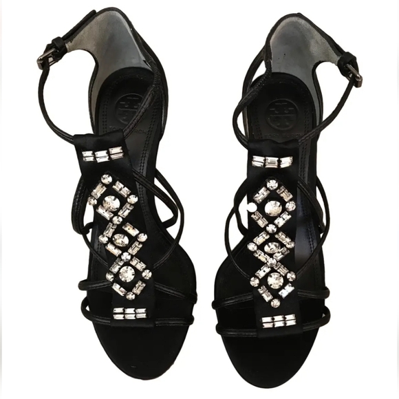 Tory Burch Black Satin and Crystal's with Leather sole Size 38.5 - Picture 4 of 11
